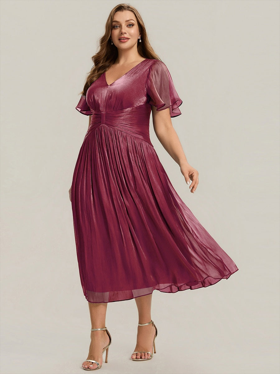 Plus Size Gathered Sea-island Wedding Guest Dress #color_Burgundy
