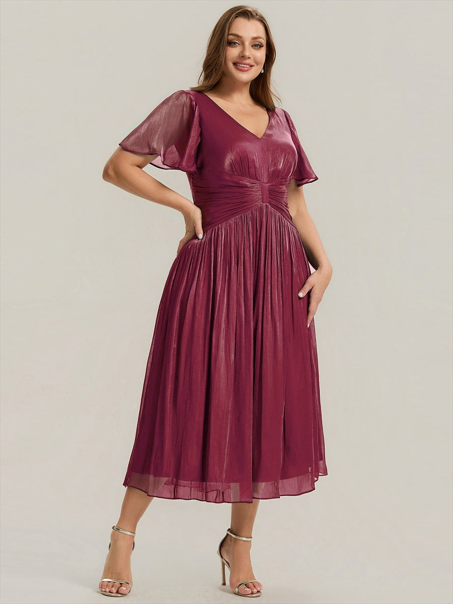 Plus Size Gathered Sea-island Wedding Guest Dress #color_Burgundy