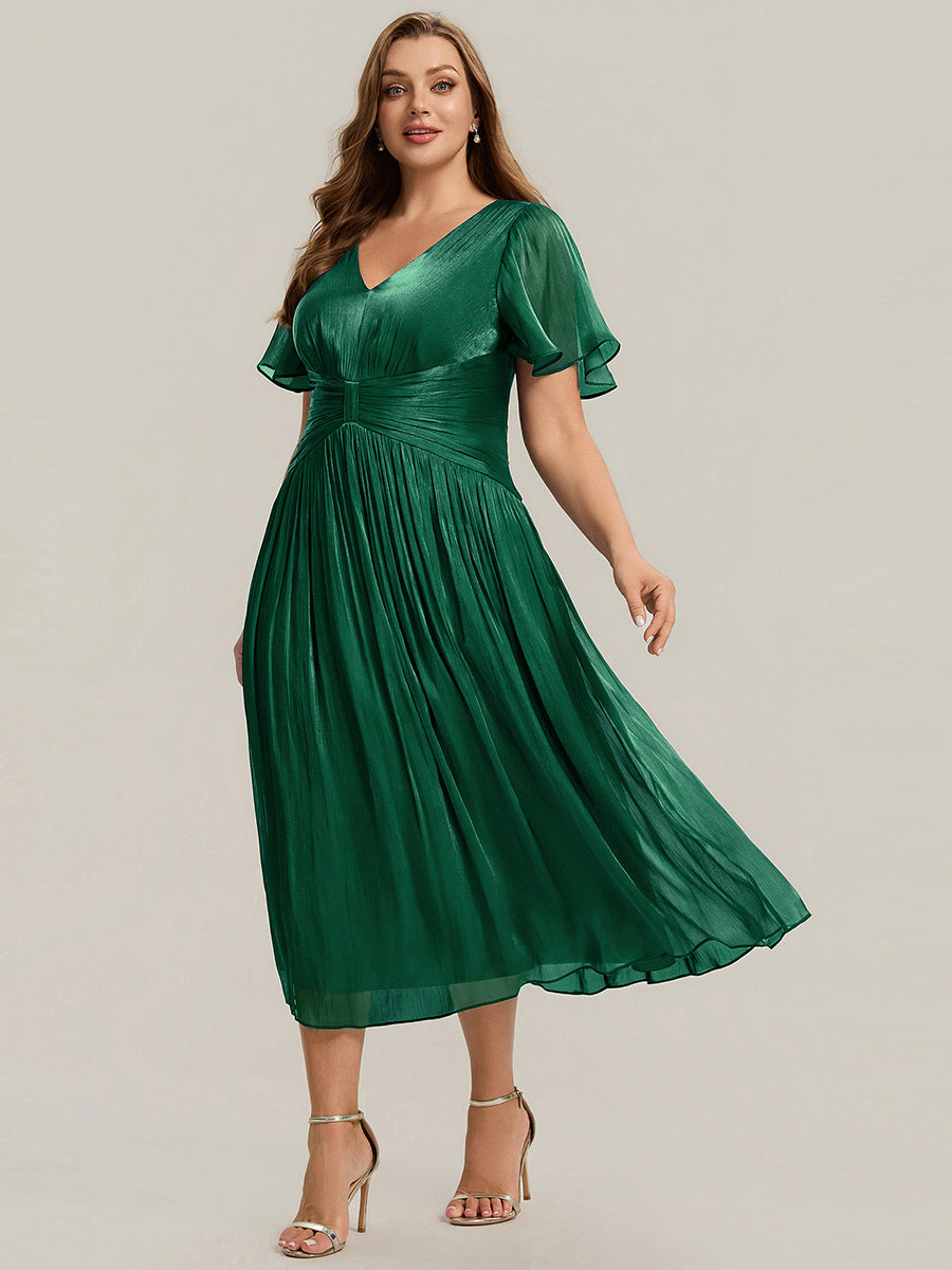 Plus Size Gathered Sea-island Wedding Guest Dress #color_Dark Green