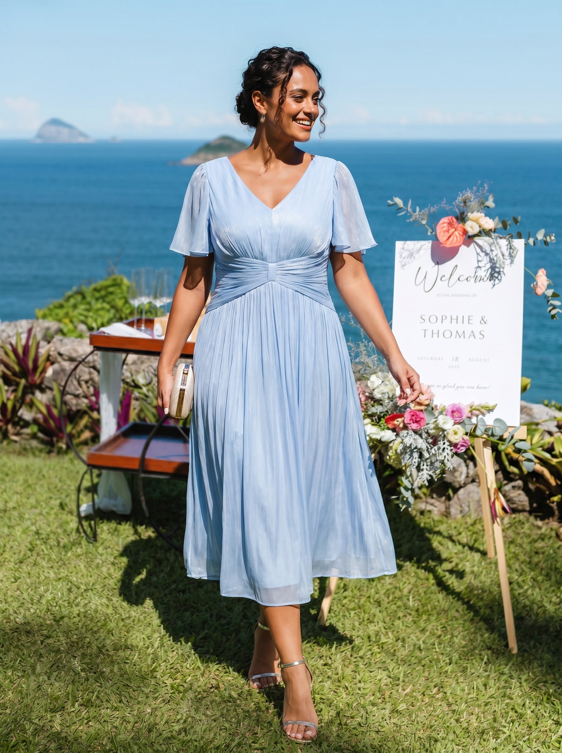 Plus Size Gathered Sea-island Wedding Guest Dress #color_Light Dusty Blue