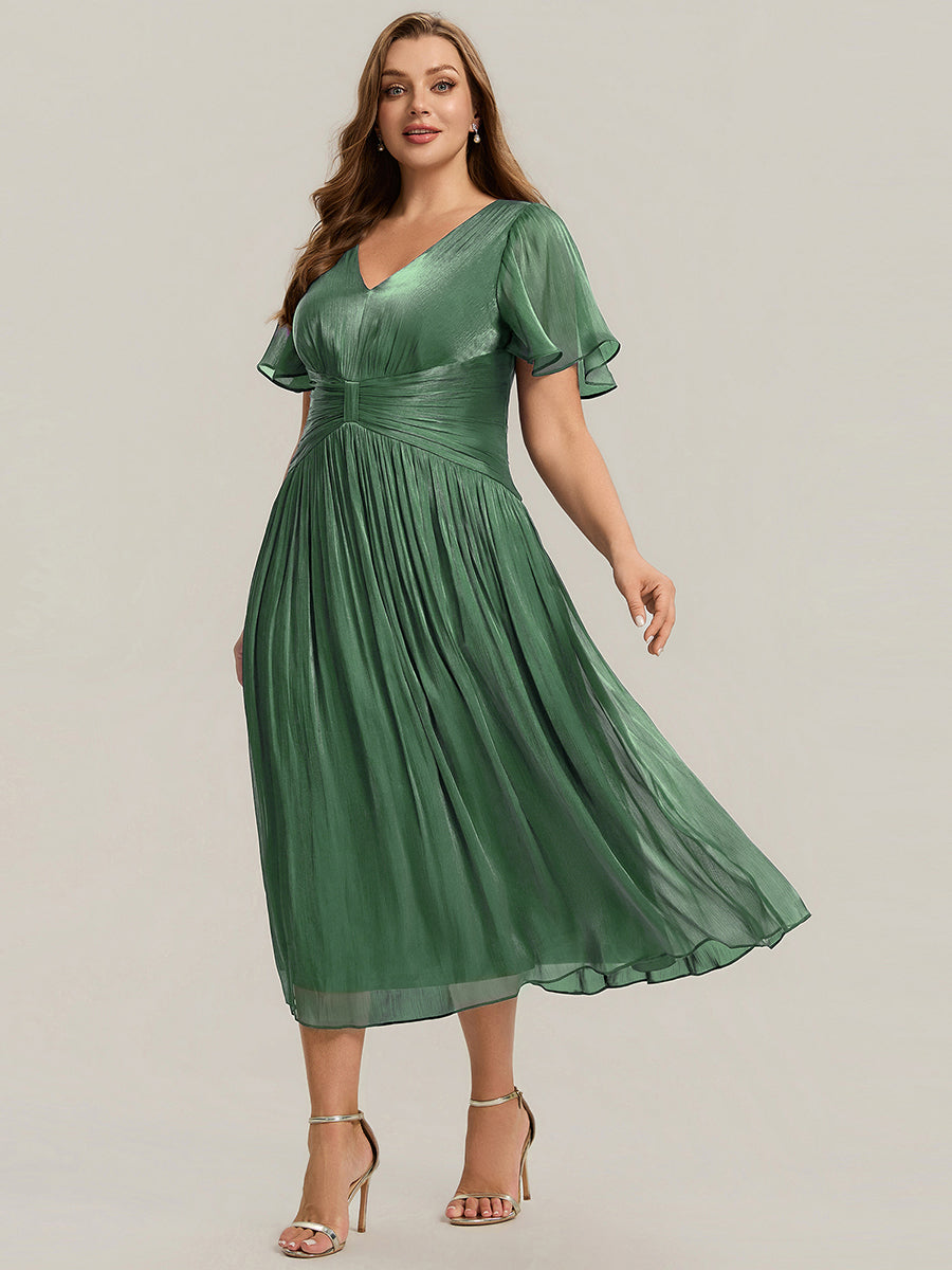 Plus Size Gathered Sea-island Wedding Guest Dress #color_Eucalyptus