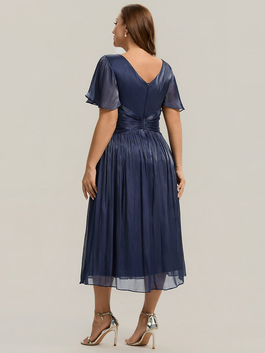 Plus Size Gathered Sea-island Wedding Guest Dress #color_Navy Blue