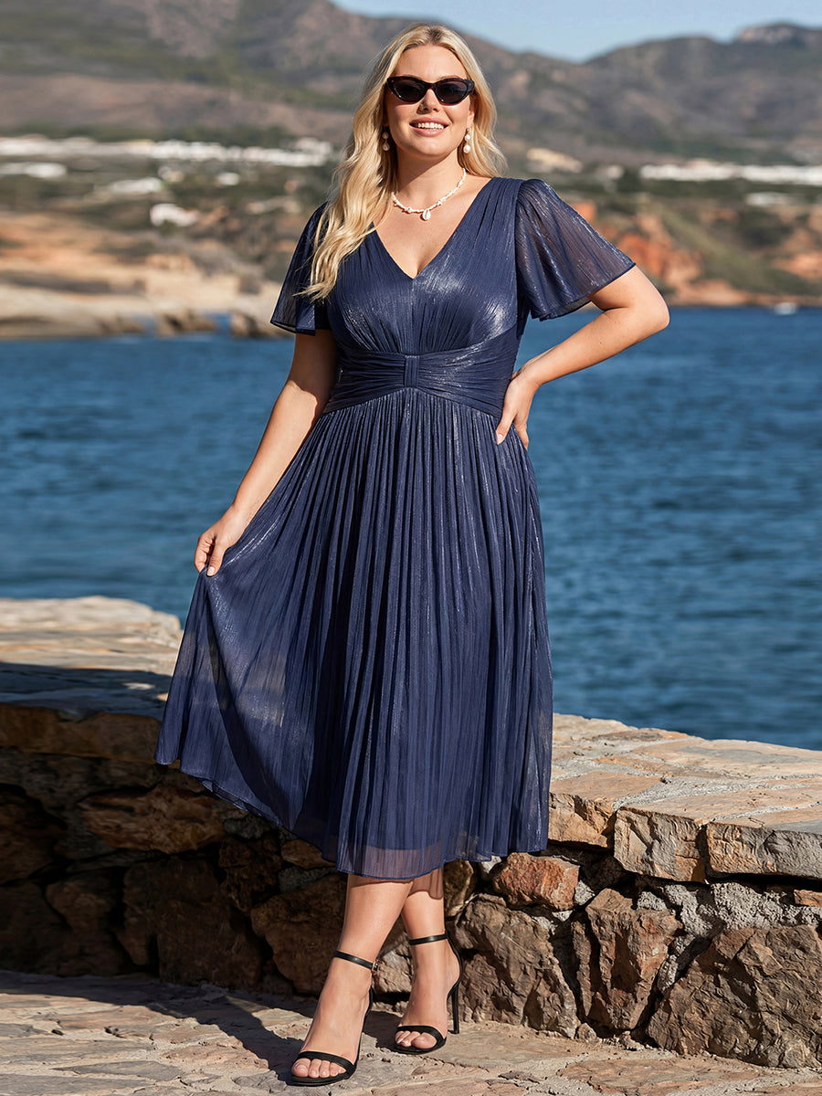 Plus Size Gathered Sea-island Wedding Guest Dress #color_Navy Blue