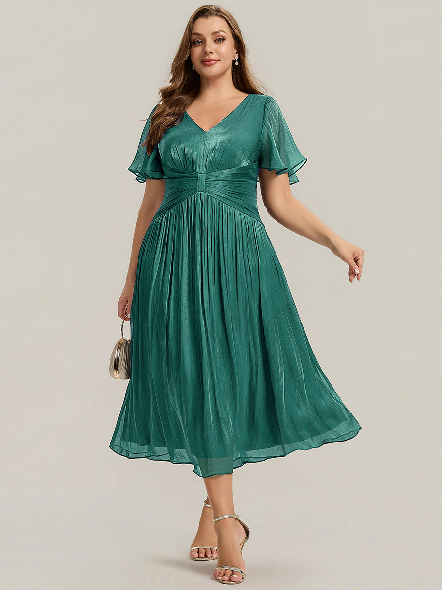 Plus Size Gathered Sea-island Wedding Guest Dress #color_Teal Blue