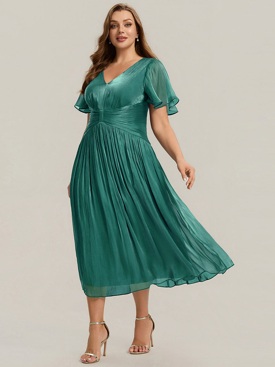 Plus Size Gathered Sea-island Wedding Guest Dress #color_Teal Blue