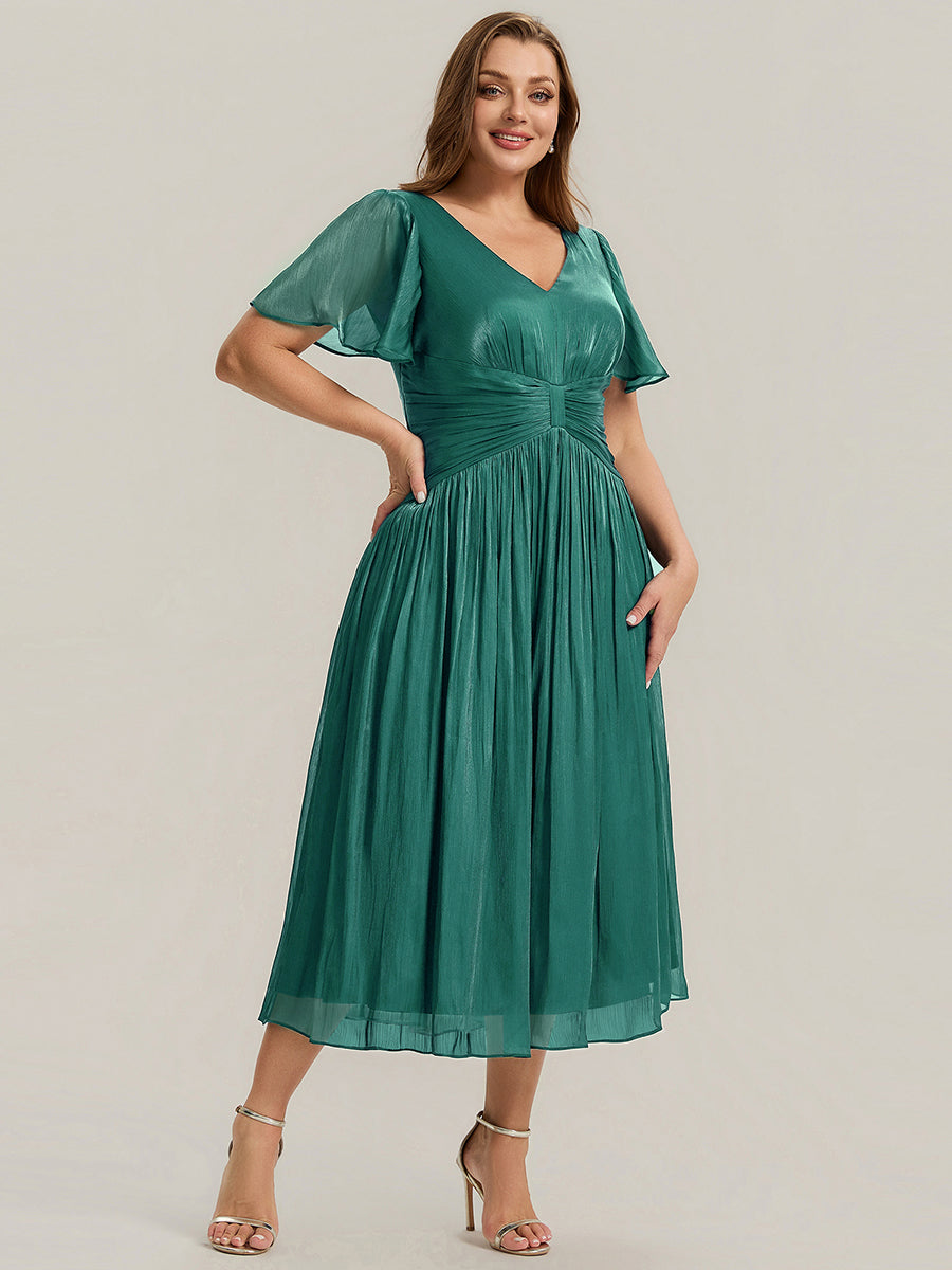 Plus Size Gathered Sea-island Wedding Guest Dress #color_Teal Blue
