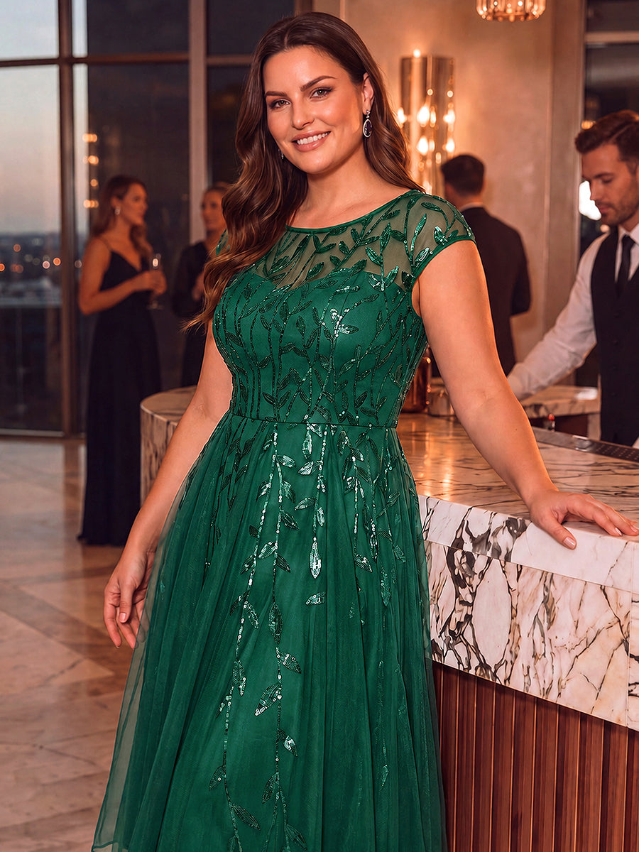 Plus Size See-through Sequin Wedding Guest Dress #color_Dark Green