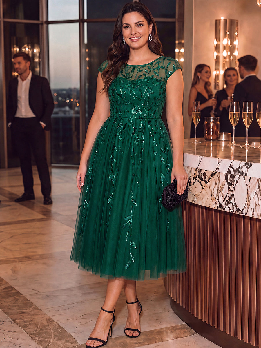 Plus Size See-through Sequin Wedding Guest Dress #color_Dark Green
