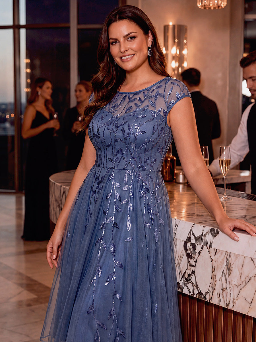 Plus Size See-through Sequin Wedding Guest Dress #color_Dusty Blue