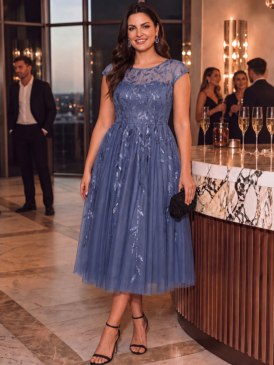 Plus Size See-through Sequin Wedding Guest Dress #color_Dusty Blue