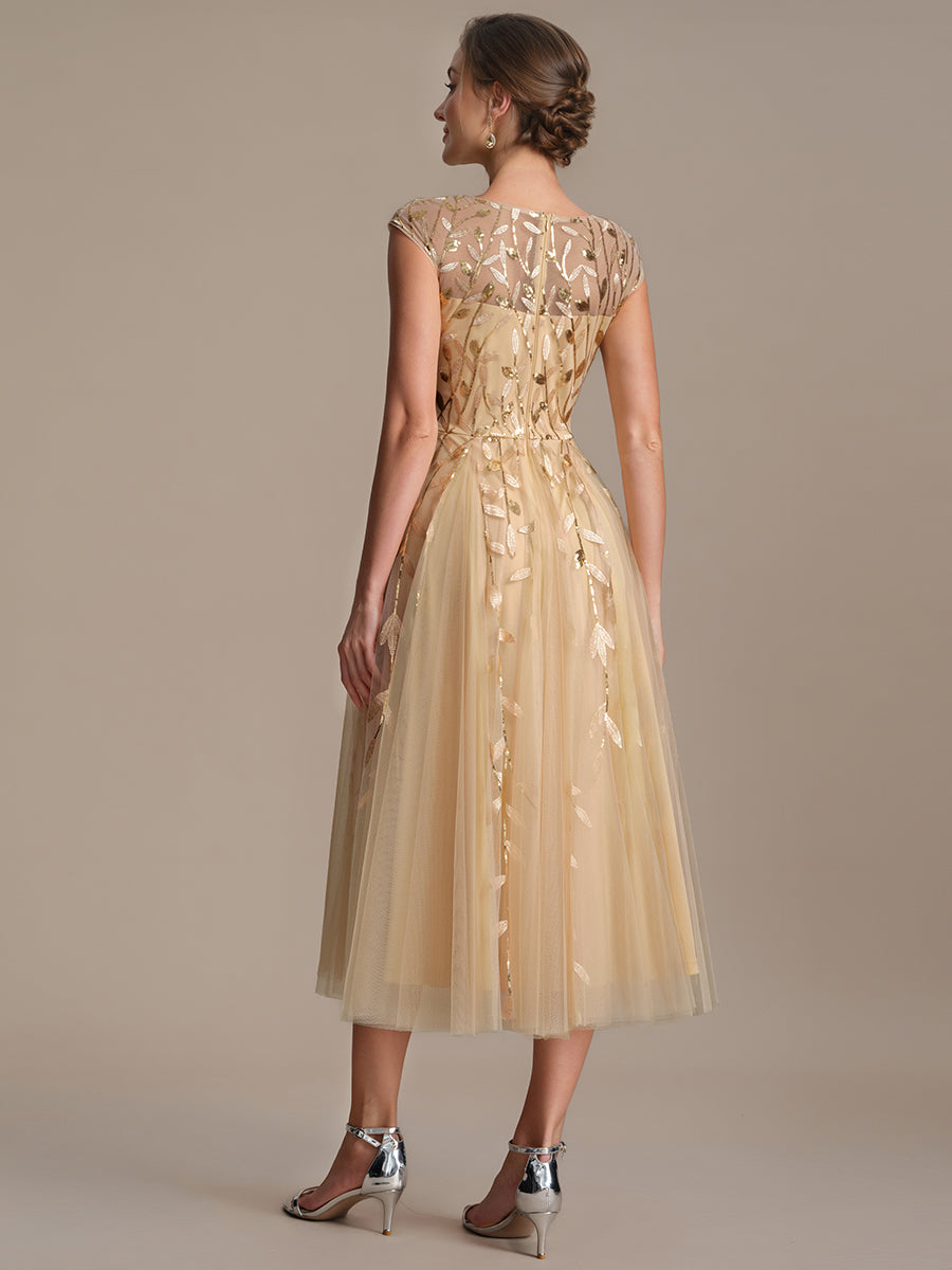 See-through Sequin Cap Sleeve Wedding Guest Dress #color_Gold