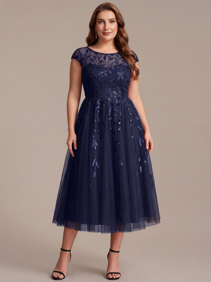 Plus Size See-through Sequin Wedding Guest Dress #color_Navy Blue