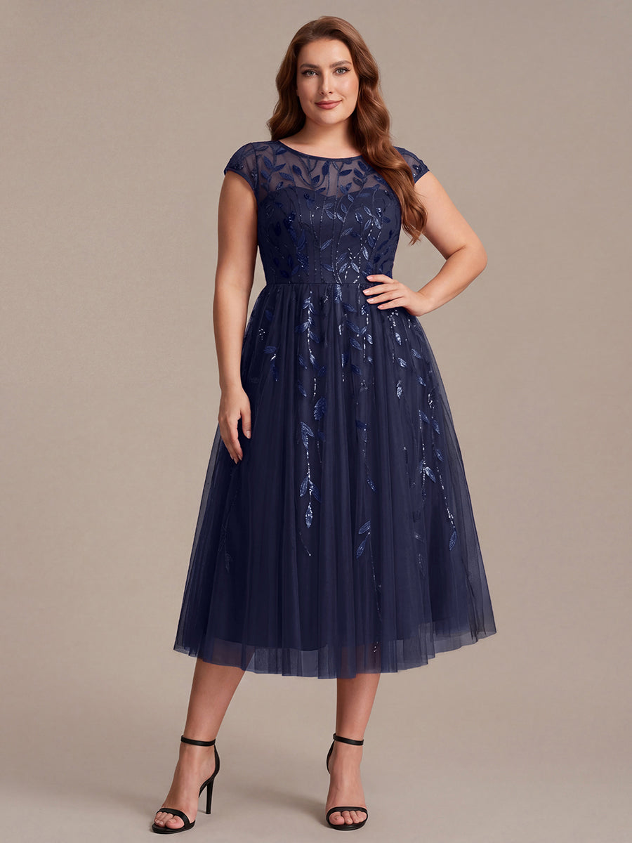 Plus Size See-through Sequin Wedding Guest Dress #color_Navy Blue