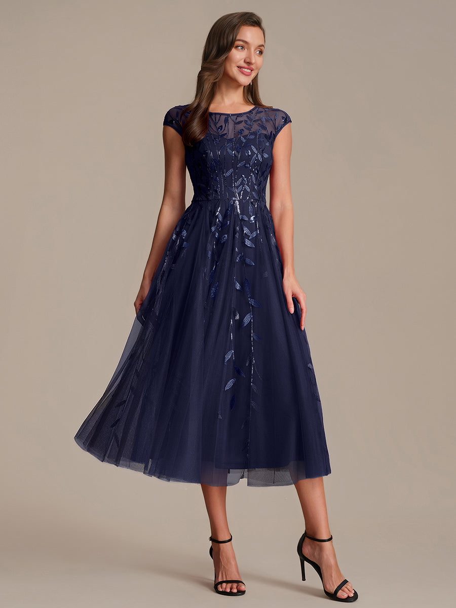 See-through Sequin Cap Sleeve Wedding Guest Dress #color_Navy Blue