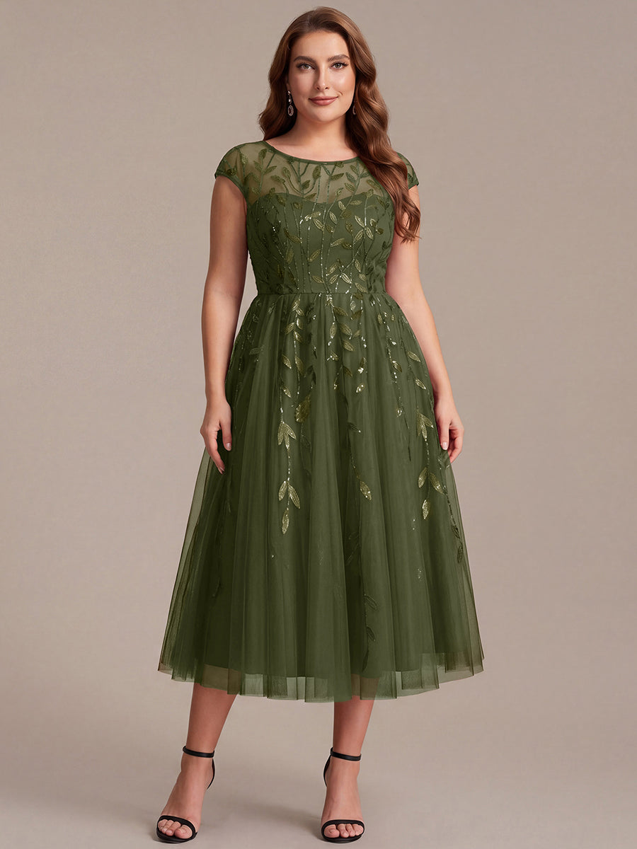 Plus Size See-through Sequin Wedding Guest Dress #color_Olive Green