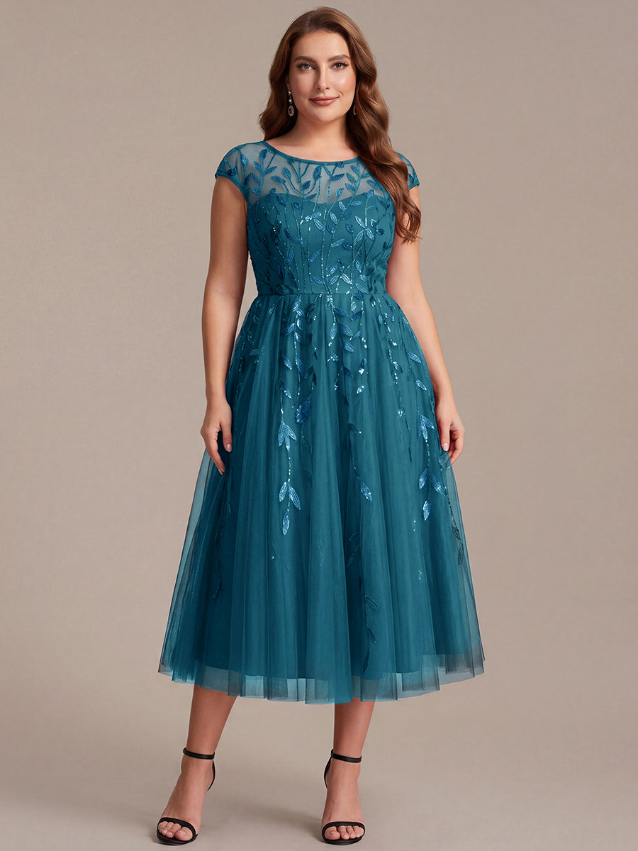 Plus Size See-through Sequin Wedding Guest Dress #color_Teal