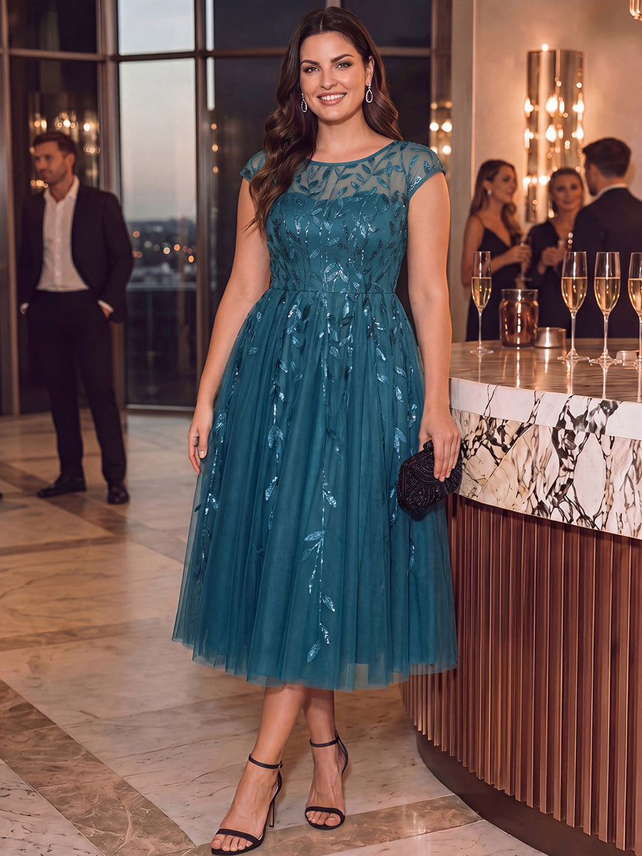 Plus Size See-through Sequin Wedding Guest Dress #color_Teal