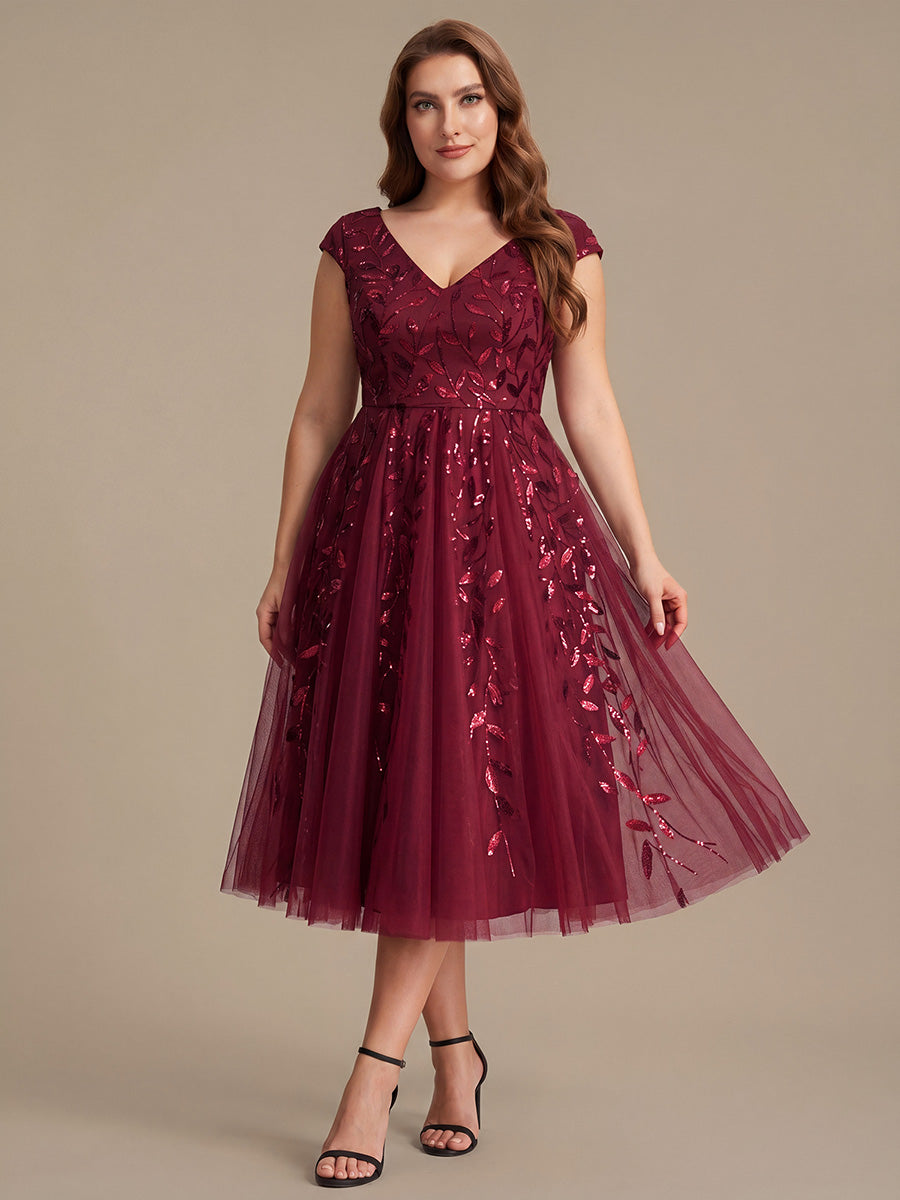 V-Neck Midi Sequin Sleeveless Wedding Guest Dress #color_Burgundy