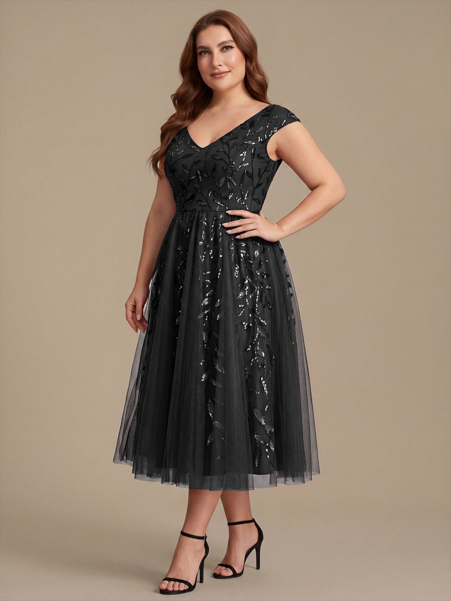V-Neck Midi Sequin Sleeveless Wedding Guest Dress #color_Black