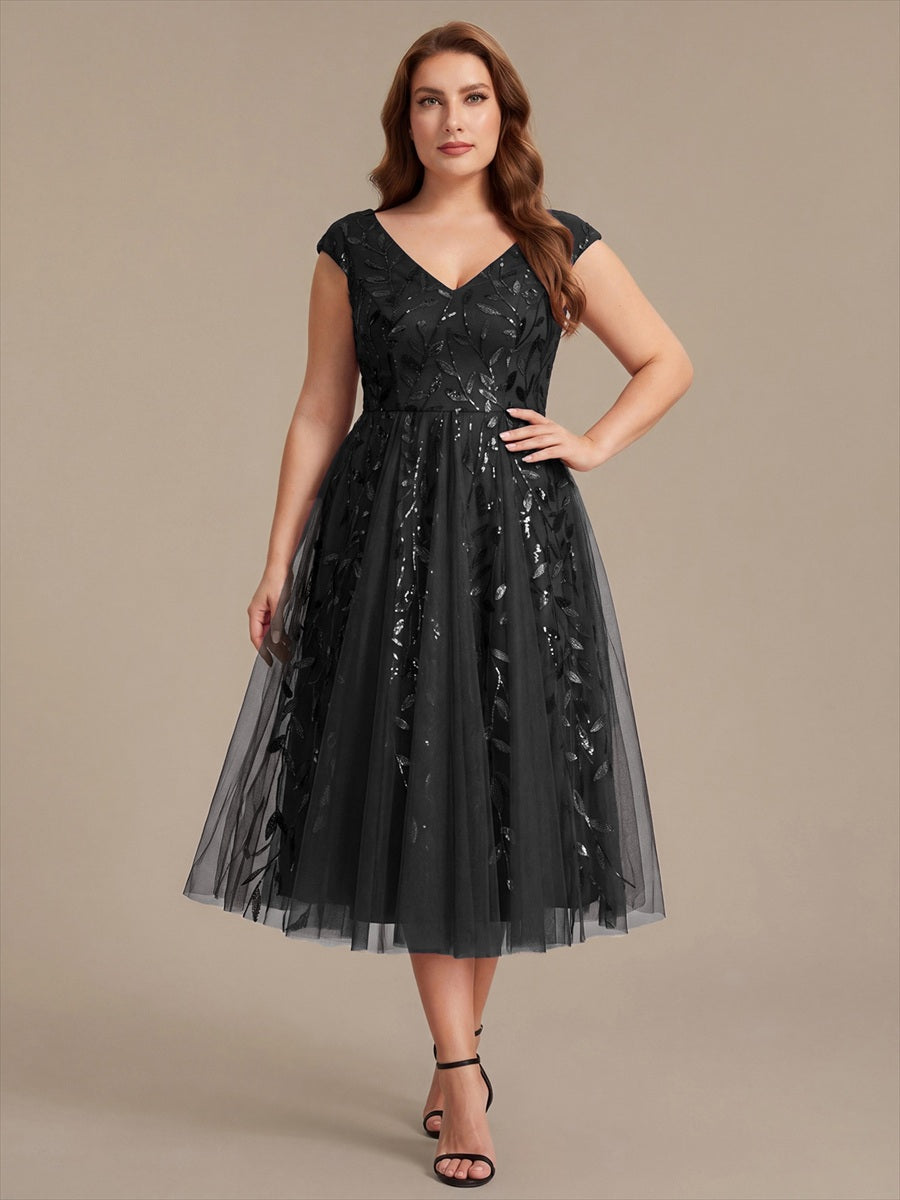 V-Neck Midi Sequin Sleeveless Wedding Guest Dress #color_Black