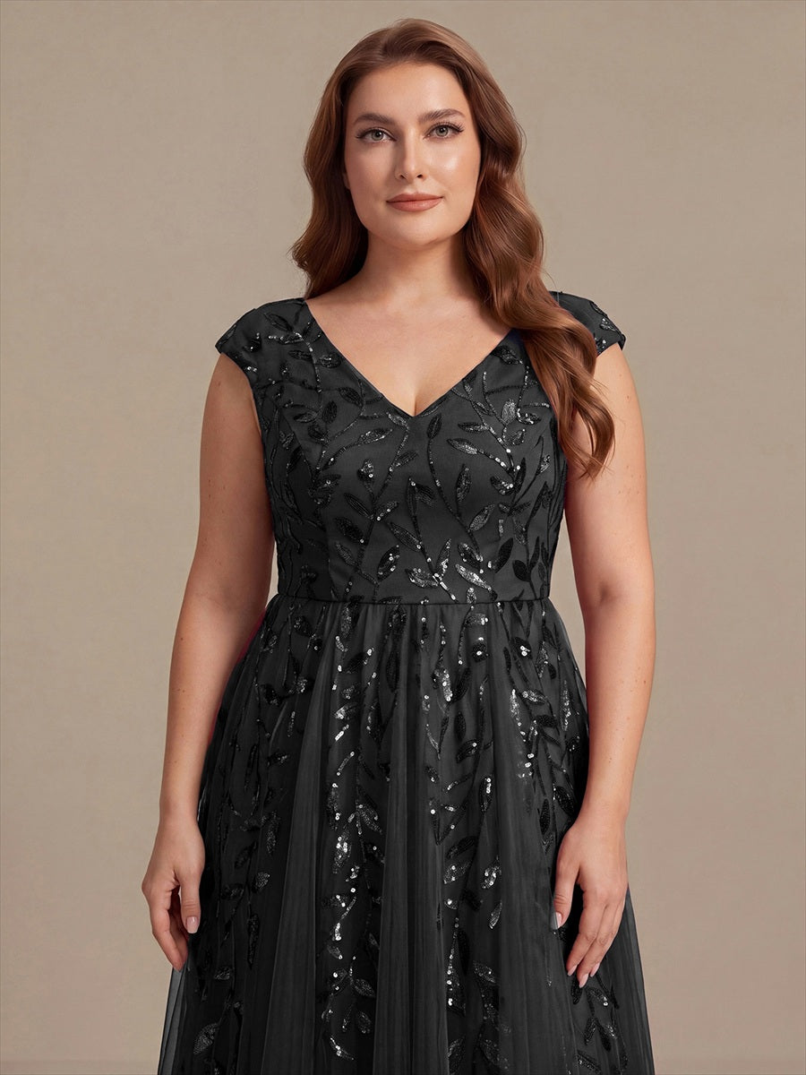V-Neck Midi Sequin Sleeveless Wedding Guest Dress #color_Black