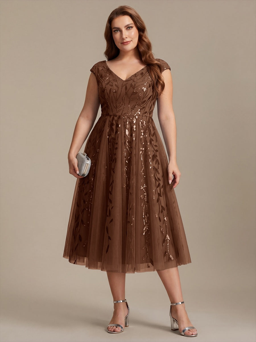 V-Neck Midi Sequin Sleeveless Wedding Guest Dress #color_Brown