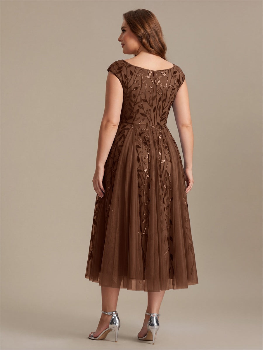 V-Neck Midi Sequin Sleeveless Wedding Guest Dress #color_Brown