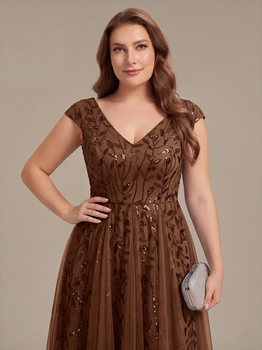 V-Neck Midi Sequin Sleeveless Wedding Guest Dress #color_Brown