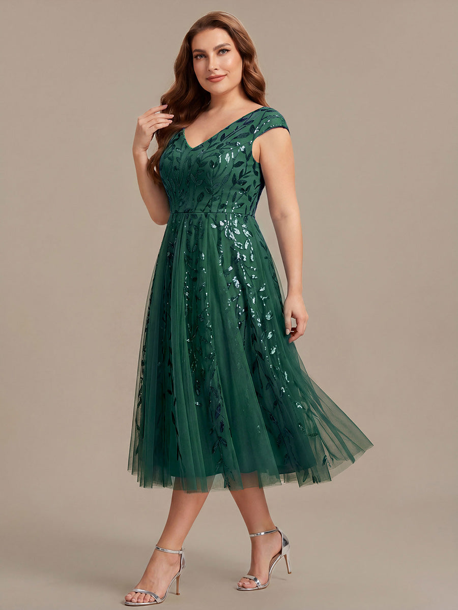V-Neck Midi Sequin Sleeveless Wedding Guest Dress #color_Dark Green