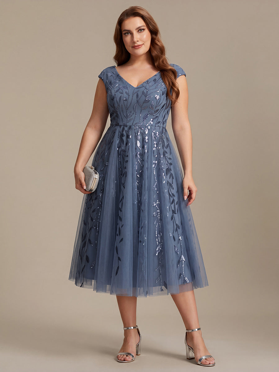 V-Neck Midi Sequin Sleeveless Wedding Guest Dress #color_Dusty Blue