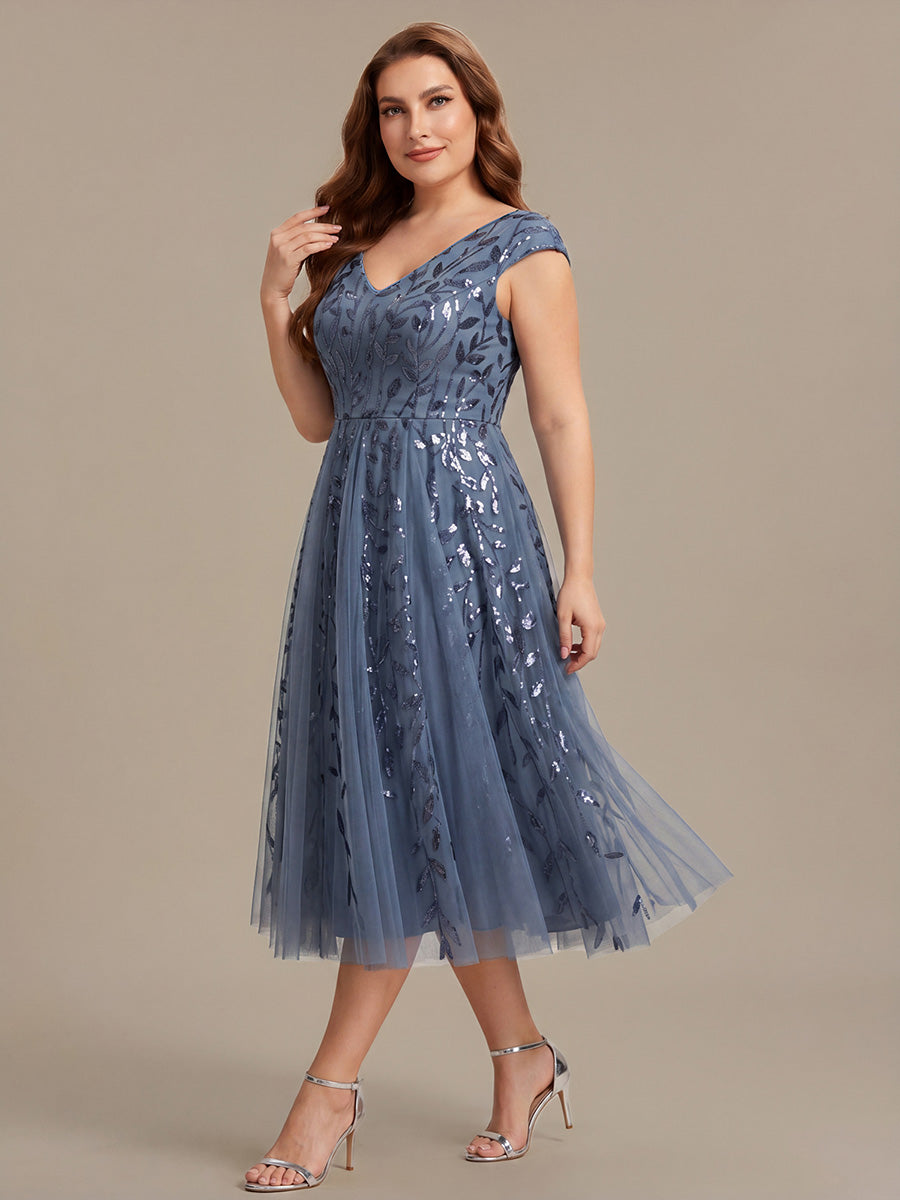 V-Neck Midi Sequin Sleeveless Wedding Guest Dress #color_Dusty Blue