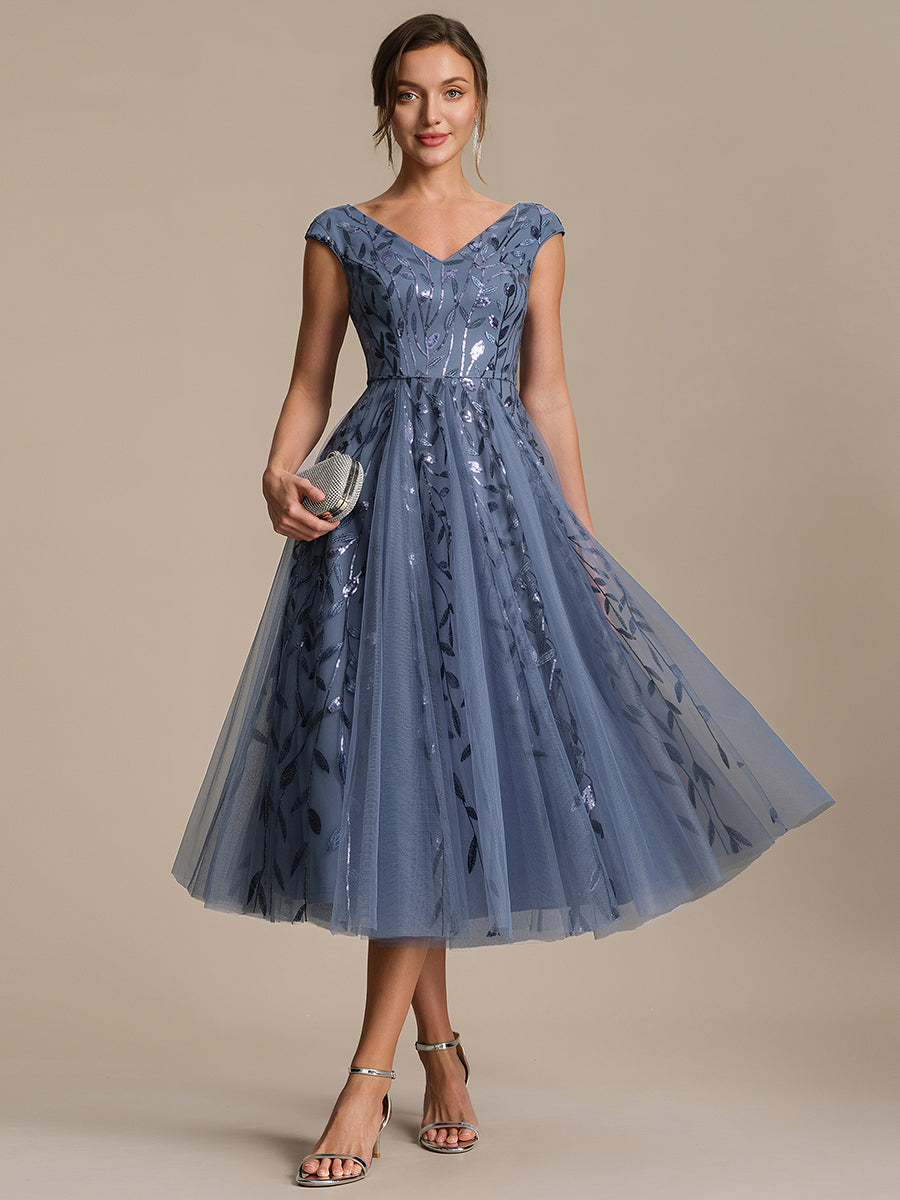 V-Neck Midi Sequin Sleeveless Wedding Guest Dress #color_Dusty Blue