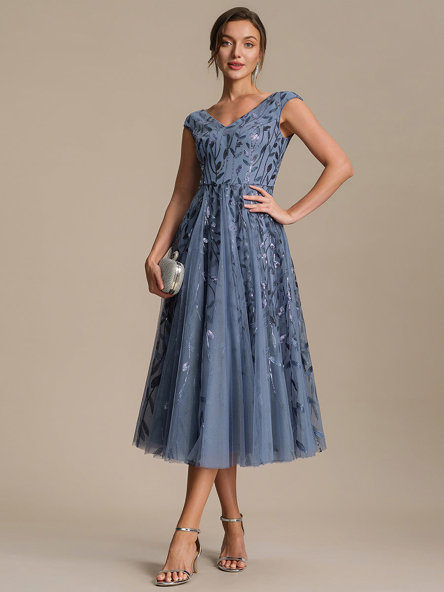 V-Neck Midi Sequin Sleeveless Wedding Guest Dress #color_Dusty Blue