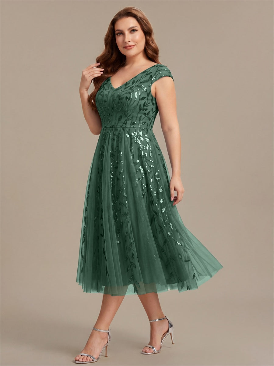 V-Neck Midi Sequin Sleeveless Wedding Guest Dress #color_Eucalyptus