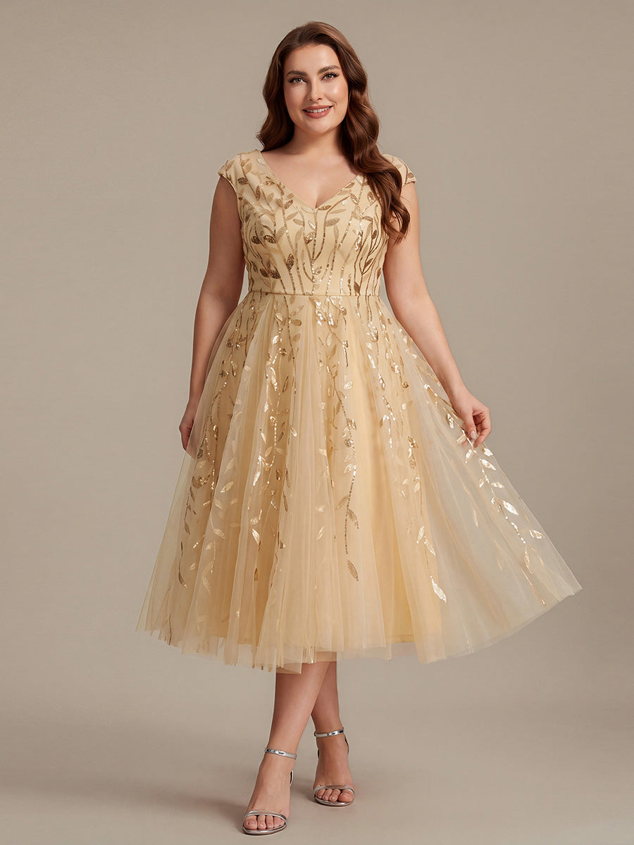 V-Neck Midi Sequin Sleeveless Wedding Guest Dress #color_Gold