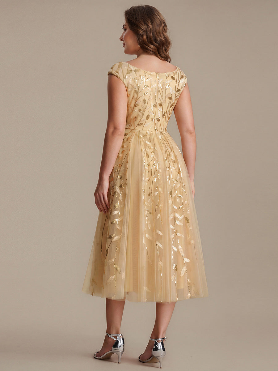 V-Neck Midi Sequin Sleeveless Wedding Guest Dress #color_Gold