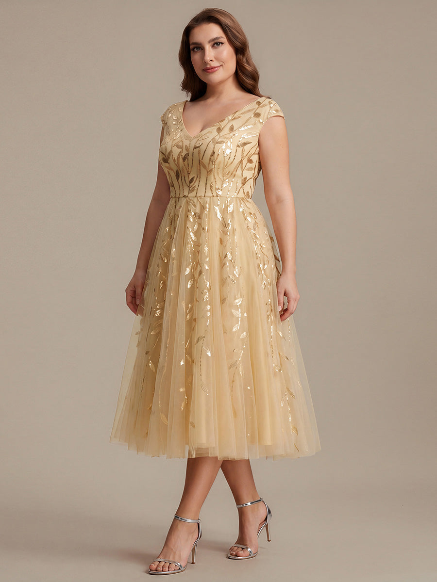 V-Neck Midi Sequin Sleeveless Wedding Guest Dress #color_Gold