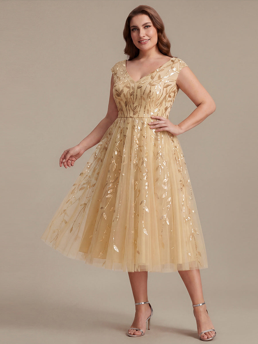 V-Neck Midi Sequin Sleeveless Wedding Guest Dress #color_Gold