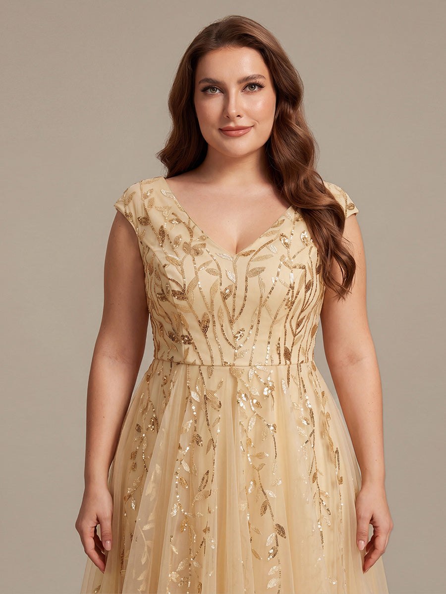V-Neck Midi Sequin Sleeveless Wedding Guest Dress #color_Gold