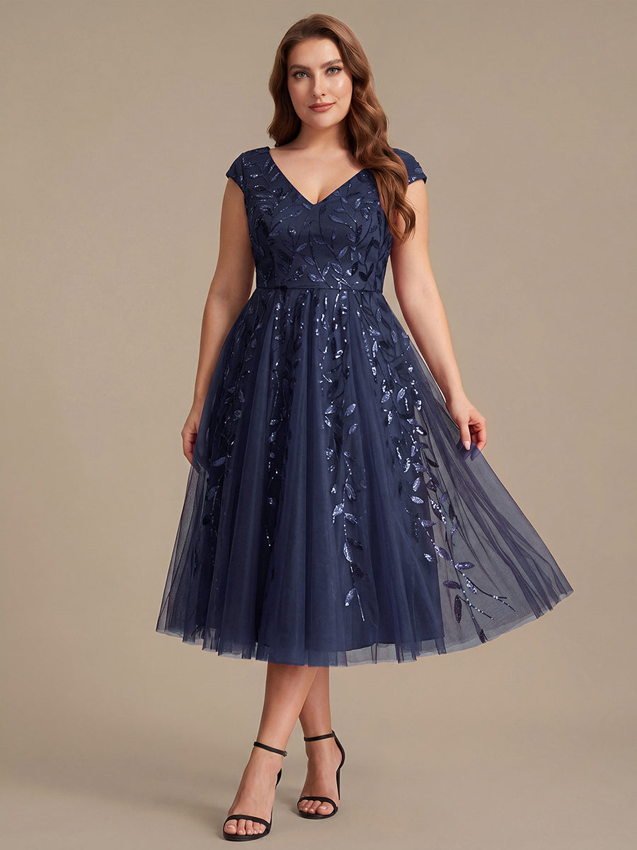 V-Neck Midi Sequin Sleeveless Wedding Guest Dress #color_Navy Blue