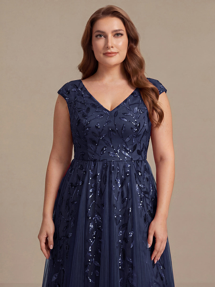 V-Neck Midi Sequin Sleeveless Wedding Guest Dress #color_Navy Blue