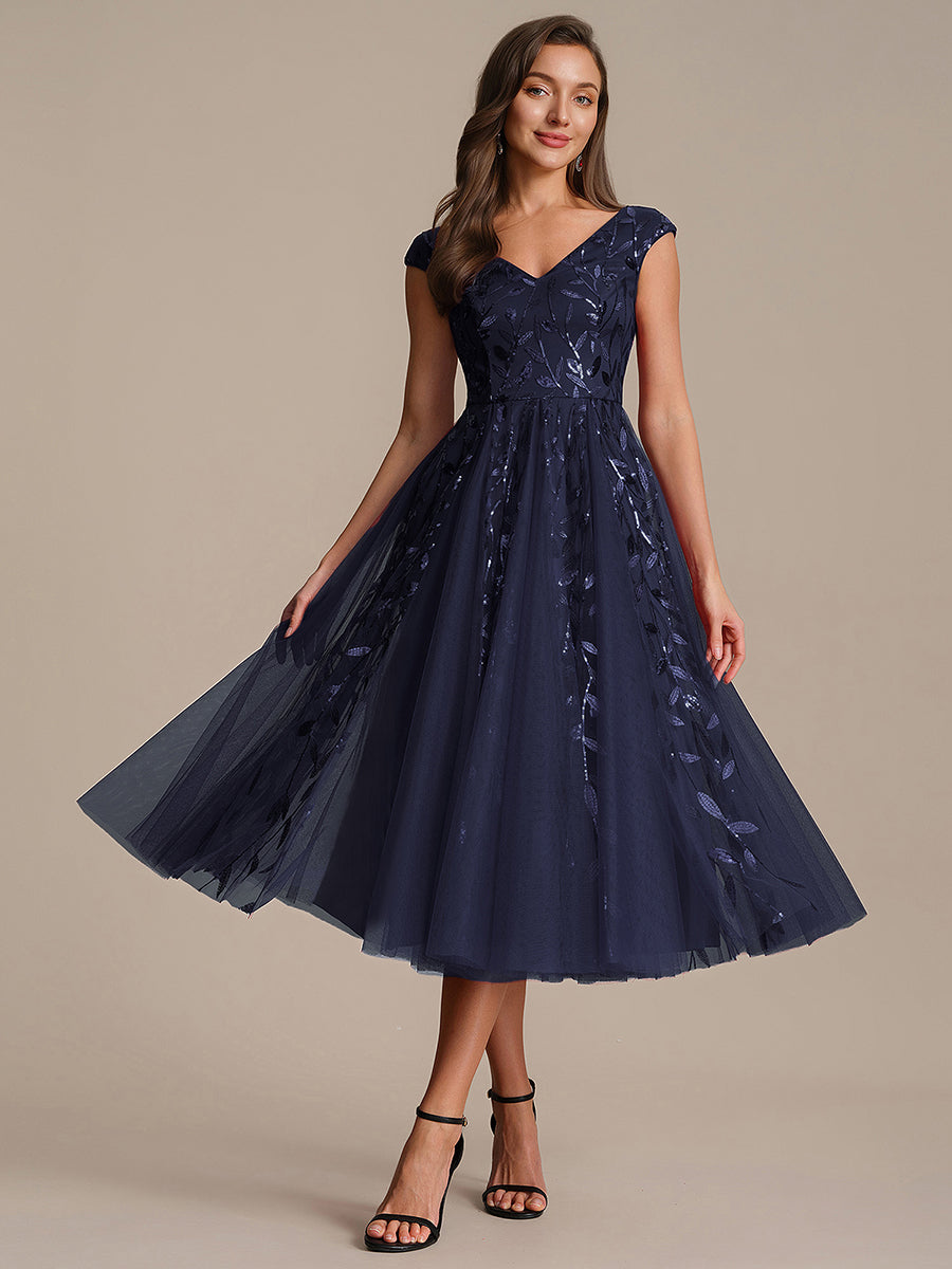 V-Neck Midi Sequin Sleeveless Wedding Guest Dress #color_Navy Blue