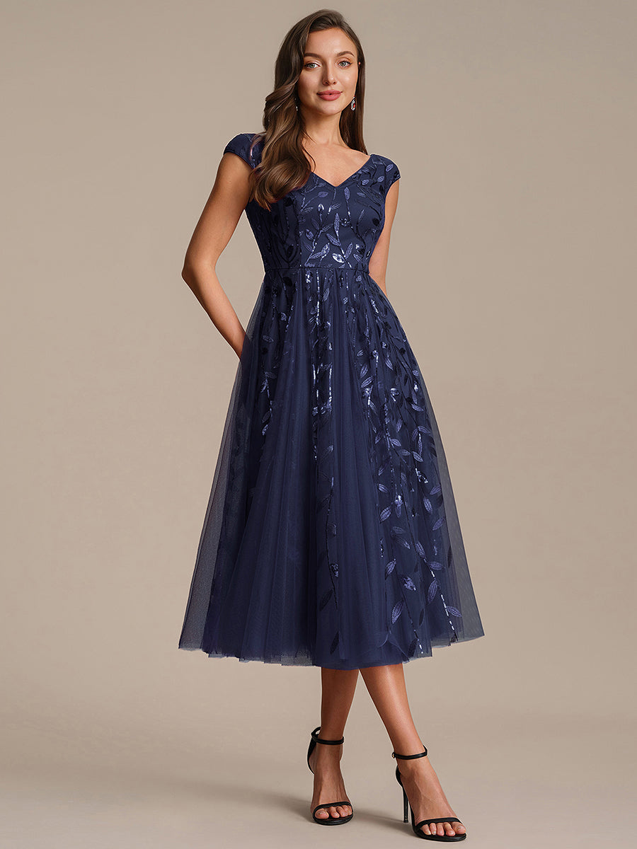 V-Neck Midi Sequin Sleeveless Wedding Guest Dress #color_Navy Blue