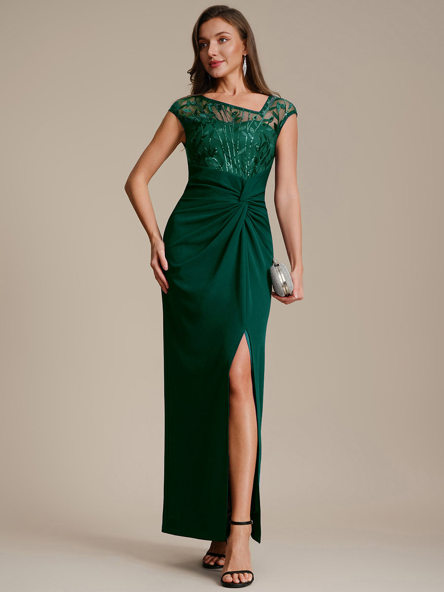 Knotted Crepe Cap Sleeve Wedding Guest Dress #color_Dark Green
