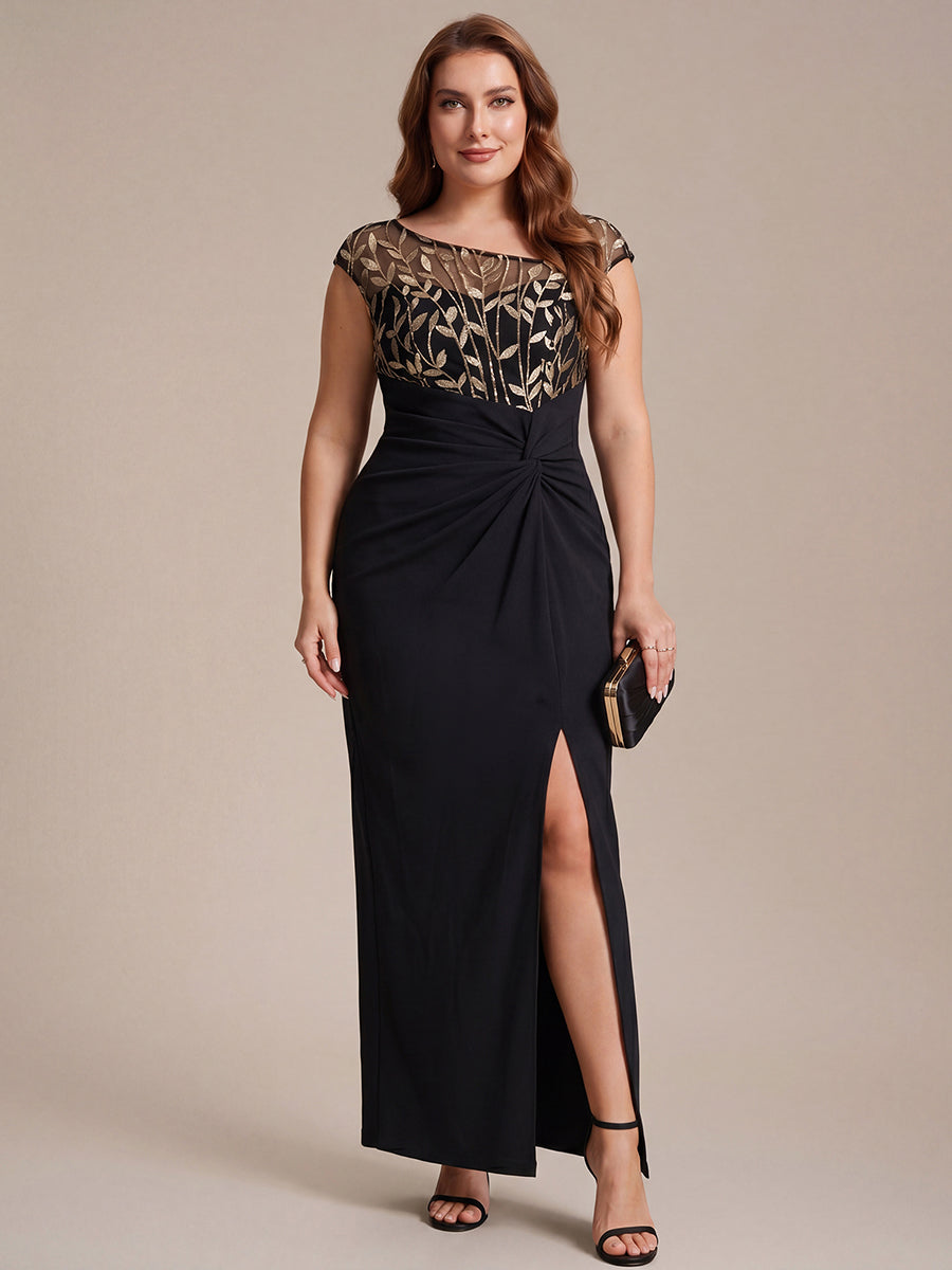 Knotted Crepe Cap Sleeve Wedding Guest Dress #color_Black & Gold