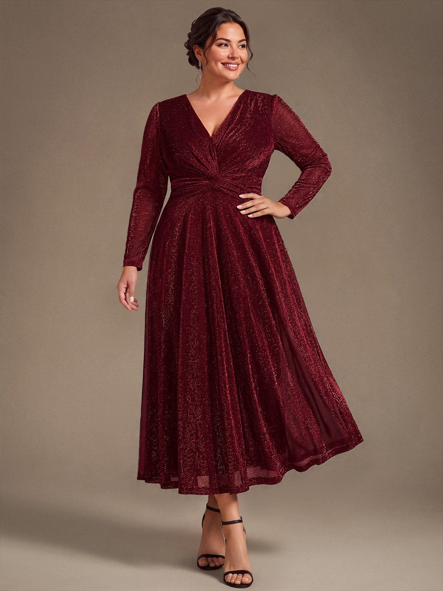 Plus Size Knot Detail Glitter Long Sleeve Wedding Guest Dress #color_Burgundy