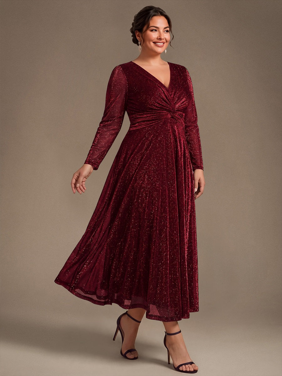 Plus Size Knot Detail Glitter Long Sleeve Wedding Guest Dress #color_Burgundy