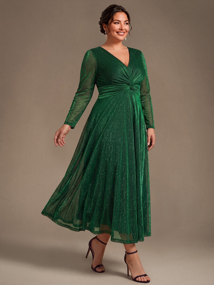 Plus Size Knot Detail Glitter Long Sleeve Wedding Guest Dress #color_Dark Green