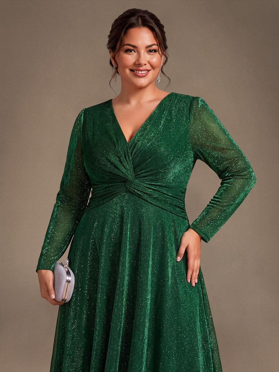 Plus Size Knot Detail Glitter Long Sleeve Wedding Guest Dress #color_Dark Green