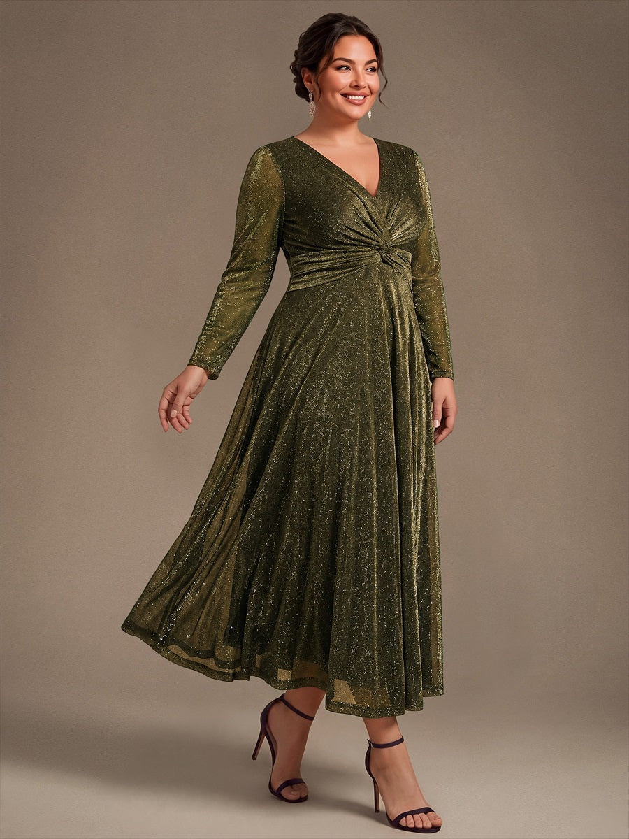 Plus Size Knot Detail Glitter Long Sleeve Wedding Guest Dress #color_Metallic Gold